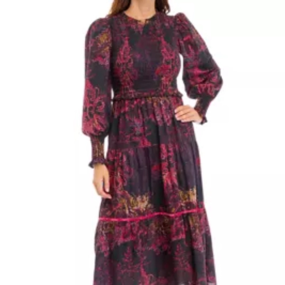 Ro's Garden Women's Blouson Sleeve Printed Midi Dress